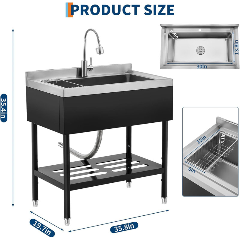 Ensemble d'évier de cuisine autoportant en acier inoxydable 36 x 20 x 35,5 pouces avec cuve à hauteur ajustable avec eau chaude et froide, panier, étagère et ensemble de bonde