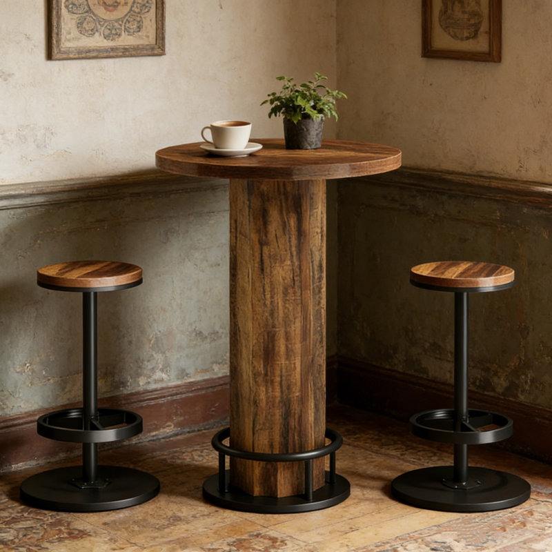 Table de bar ronde rustique en bois aggloméré industriel avec anneau repose-pieds en métal et colonne en faux grain de bois, pour bar, restaurant ou salon à la maison
