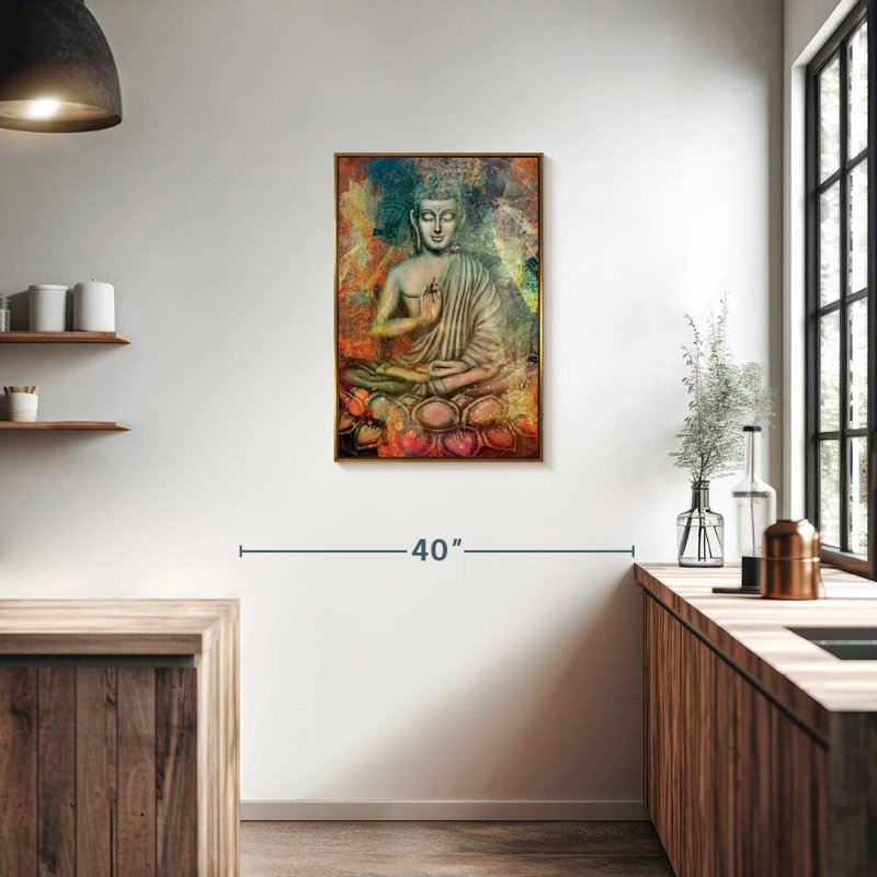 Bouddha assis en couleurs, Cadre flottant doré, 21 po x 31 po