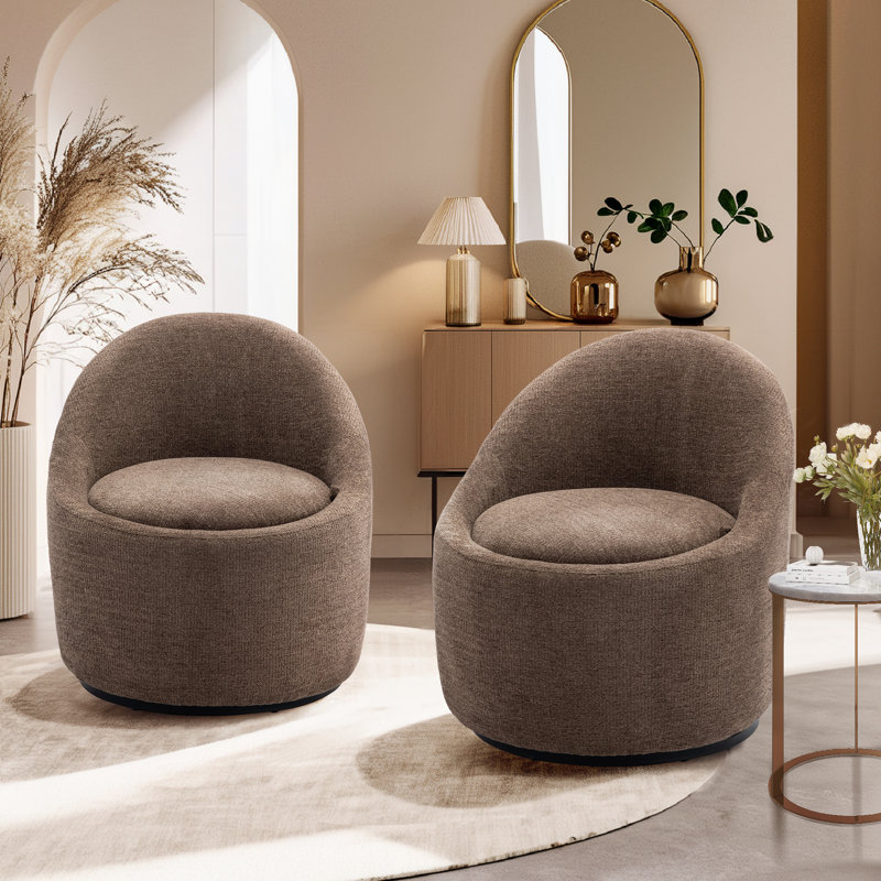 66Cm Wide Swivel Barrel Accent Chair With Hidden Storage, Upholstered Lounge Chair, Brown