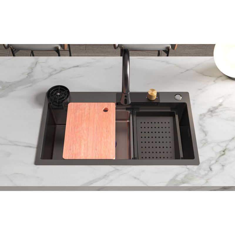 MEJE 32" New Waterfall Kitchen Sink, Upgraded 304 Stainless Steel Kitchen Sink,Flying Rain pull-out faucet, Anthracite Black Color (31.5''x17.75'')
