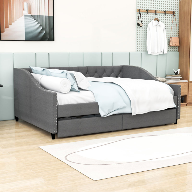 2 Drawers Upholstered Full Daybed with Sturdy Slats Support, Gray