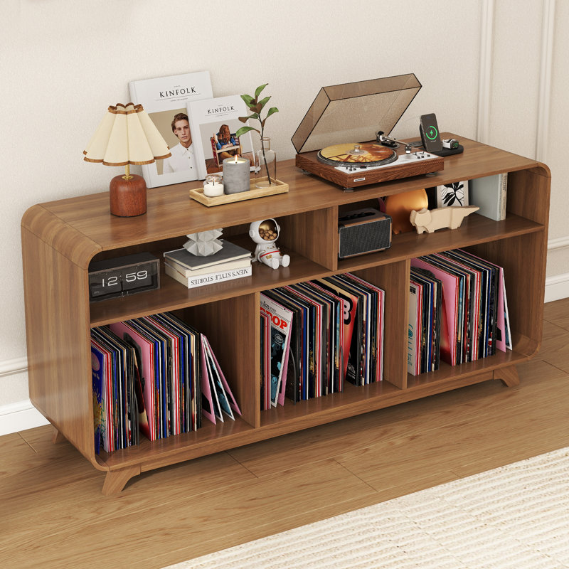 Large Record Player Stand With Charging Station & Usb Ports, Curved Vinyl Record Cabinet, Turntable Stand, Walnut