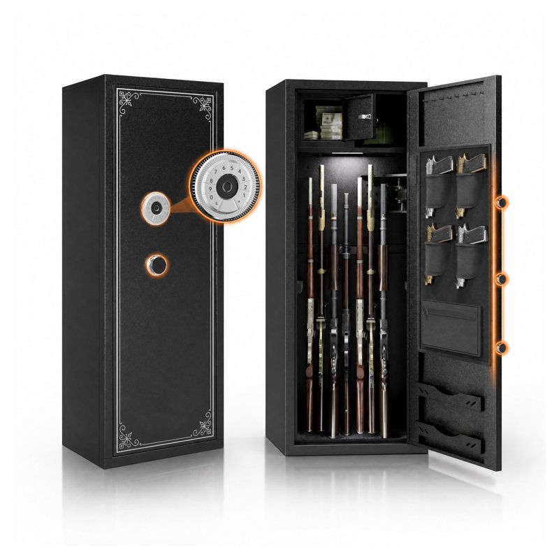 Coffre-fort biométrique pour fusils, armoire à fusils à accès rapide de 145 cm avec serrure à empreinte digitale, capacité de rangement pour plus de 12 armes longues, mode silencieux et système d'alarme, métal noir