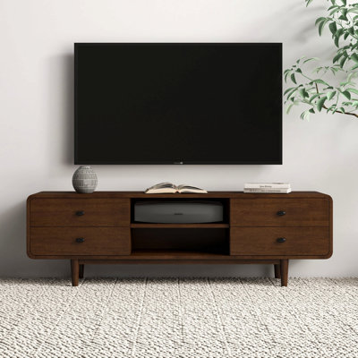 Mid Century Modern Style Tv Stand With Walnut Finish And Solid Wood Construction 23" H X 71" W X 16" D For Bedroom, Hallway, Entryway, Closet
