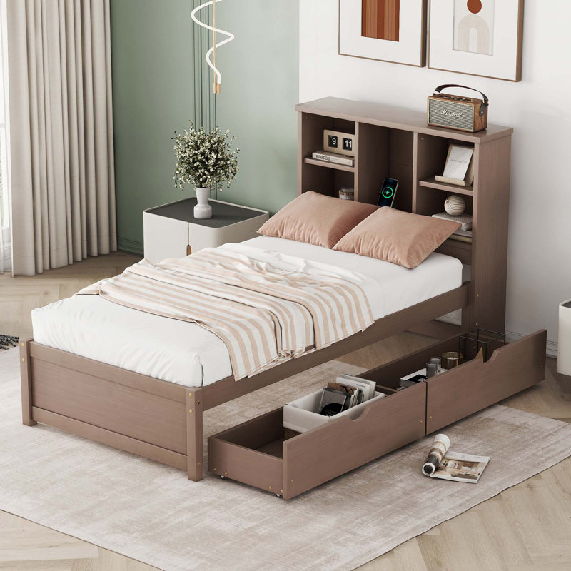 Base de lit plateforme avec port USB intégré, Noyer