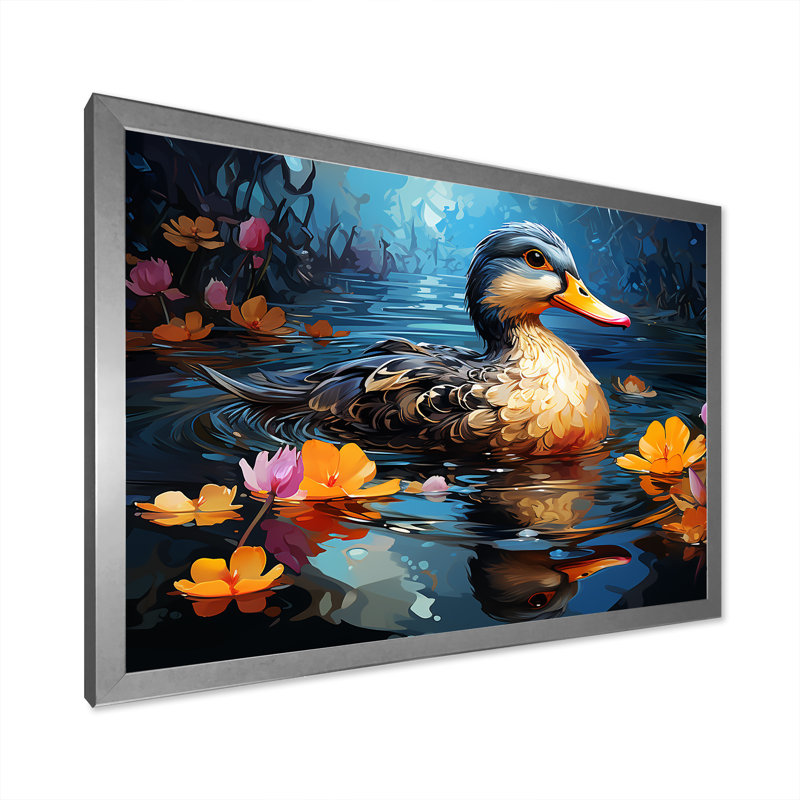 «Yellow and Blue Duck» par The Floral Pound III - Art mural animal canard, Cadre de coin fermé argenté