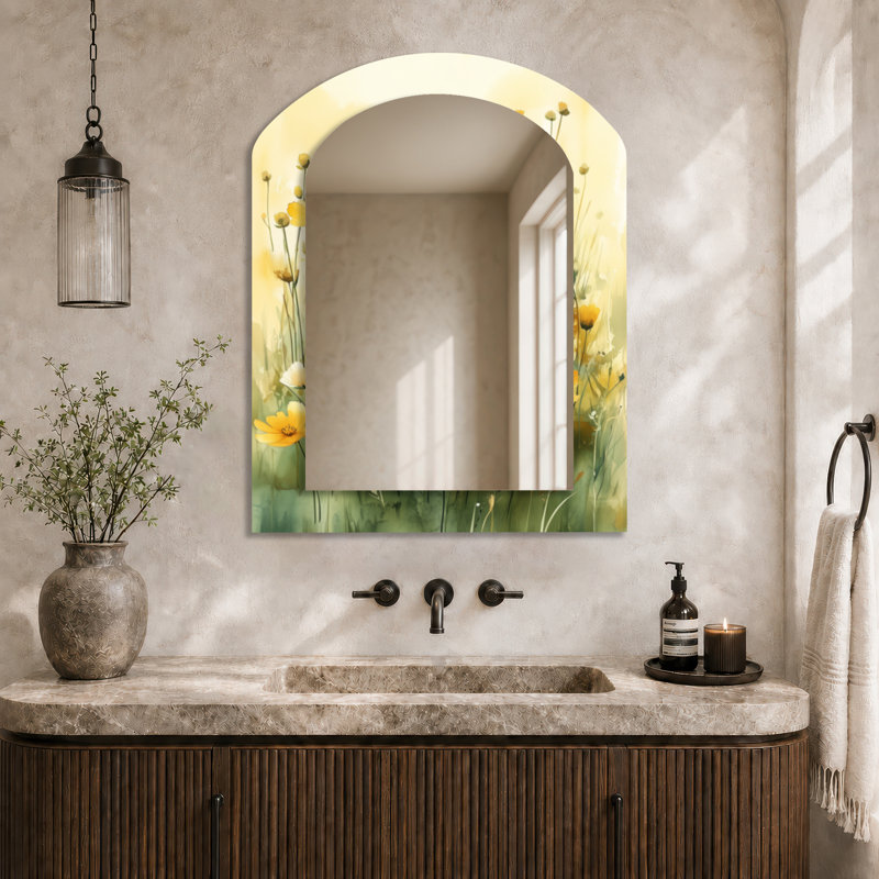 Beige Floral Arched Wall Mirror – Golden Prairie Light, Metal Print, 43" x 33"