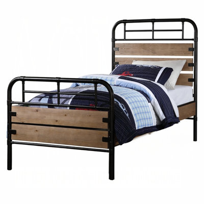 Twin Panel Bed With Metal Frame And Wooden Panels, Require Box Spring, Low Profile Fb, 6 Slats, New Pine Wood, , Ply, Metal, Oak Color, 79.86 In Depth, 41.99 Width, 52.53 Height, 72.1 Lb Weight, 10"
