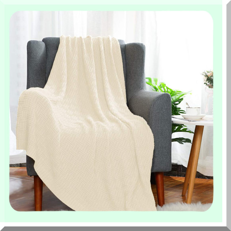 CozyCotton Cable Knit Throw - Soft Lightweight Textured Sofa Blanket, Beige, 50" W x 60" L