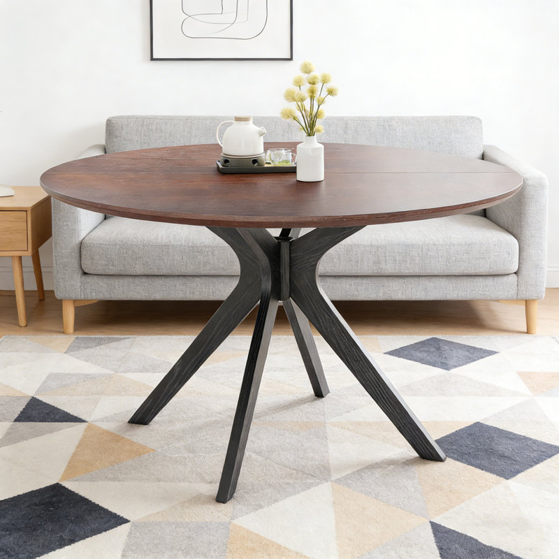 47.2" Solid Wood Round Dining Kitchen Table For 4-6 People With Intersecting Pedestal Base, Black, Walnut