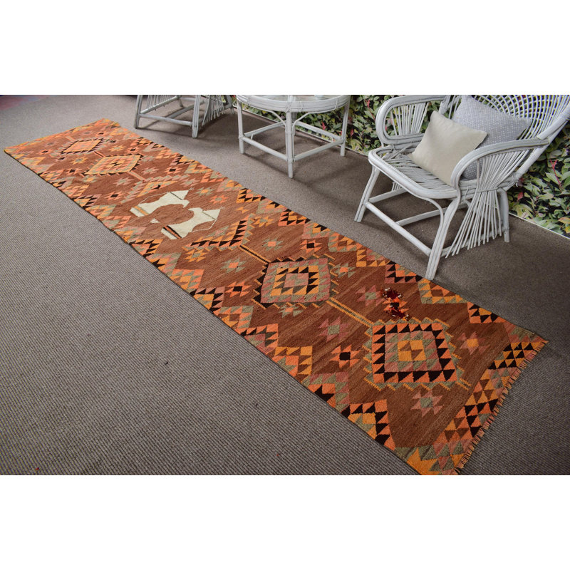 Tapis de couloir kilim turc rétro fait à la main dans des tons de terre pour les couloirs - fait de laine