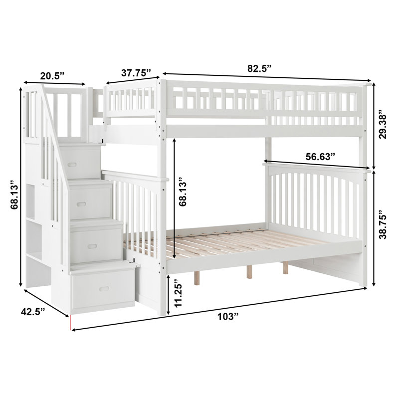 Flinn Kids Solid Wood Staircase Bunk Bed, White, Full over Full