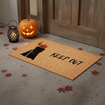 Tapis de porte d'extérieur en fibre de coco naturelle et brune, 43 x 74 cm, motif Halloween.