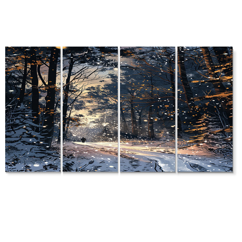 Chemin enneigé à travers la forêt d'hiver - ensemble d'art mural forêt 4 pièces, H 32 po x l 64 po