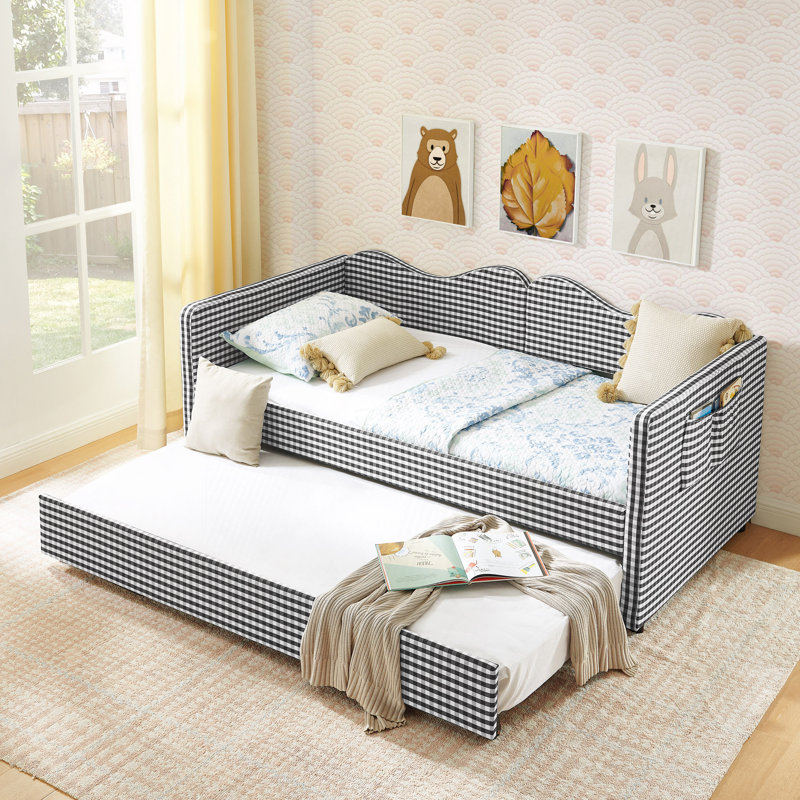 Lit de jour, lit de jour rembourré en vichy équipé d'un cadre de lit gigogne escamotable et d'une poche de rangement latérale, canapé-lit multifonctionnel en bois massif pour chambre d'enfant et chambre d'amis