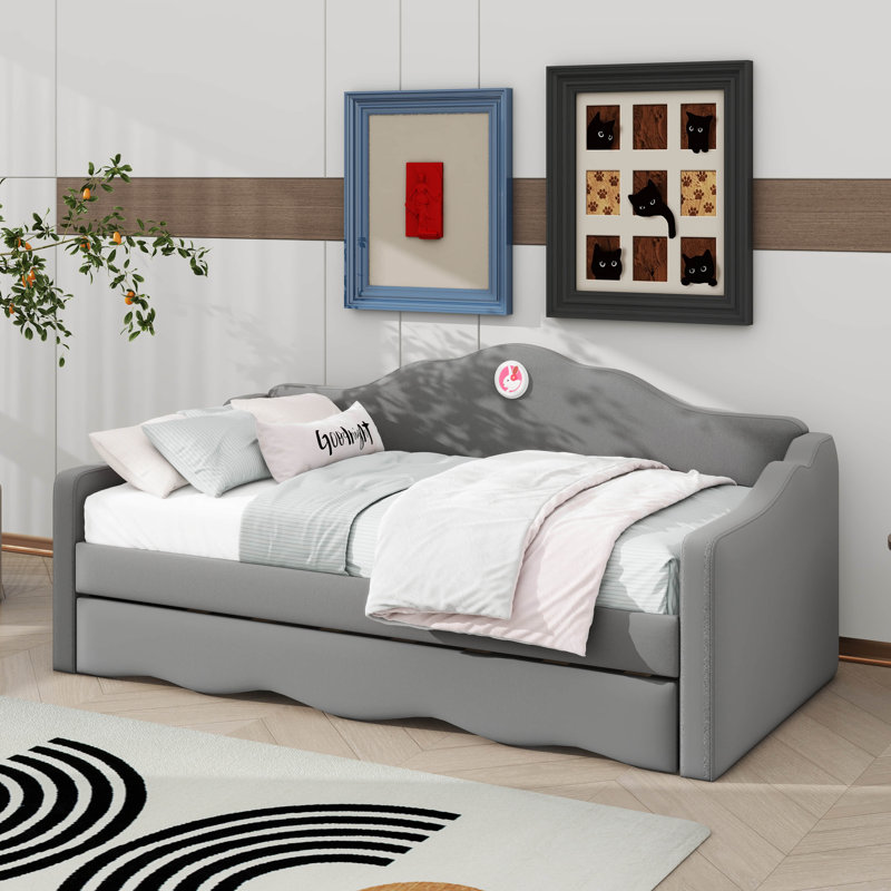 Twin Size Velvet Daybed With Wave-shaped Trundle, Upholstered Pull Out Sofa Bed Couch Frame, No Box Spring And Mattress, Gray