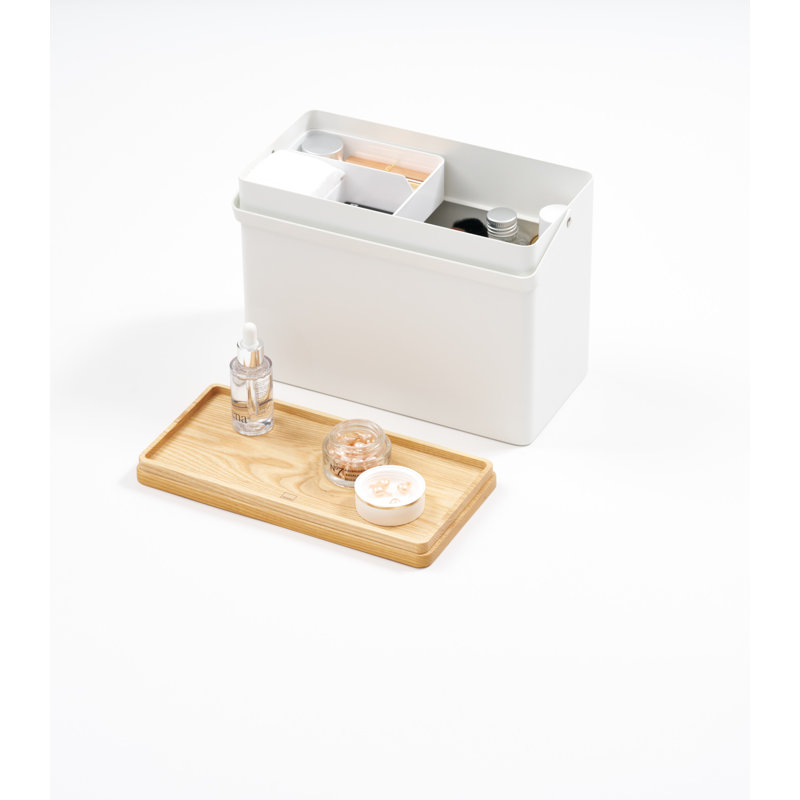 White Steel and Wood Makeup Organizer with Mirror and Handle