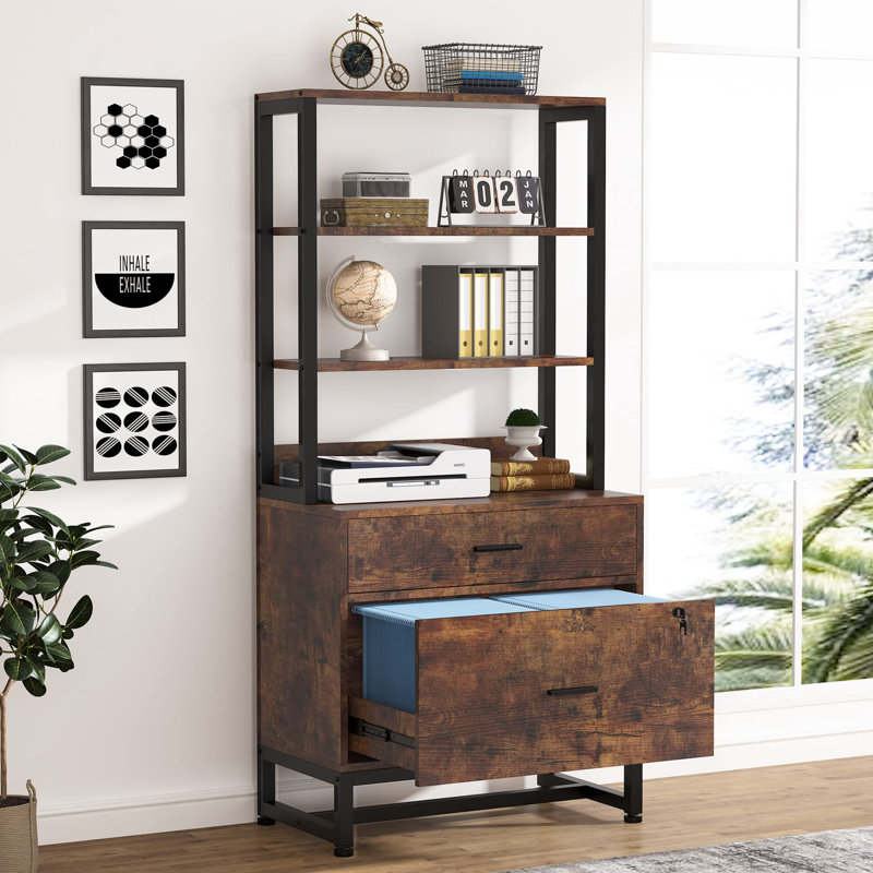 2 Drawer Vertical File Cabinet with Lock and Bookshelf, Brown