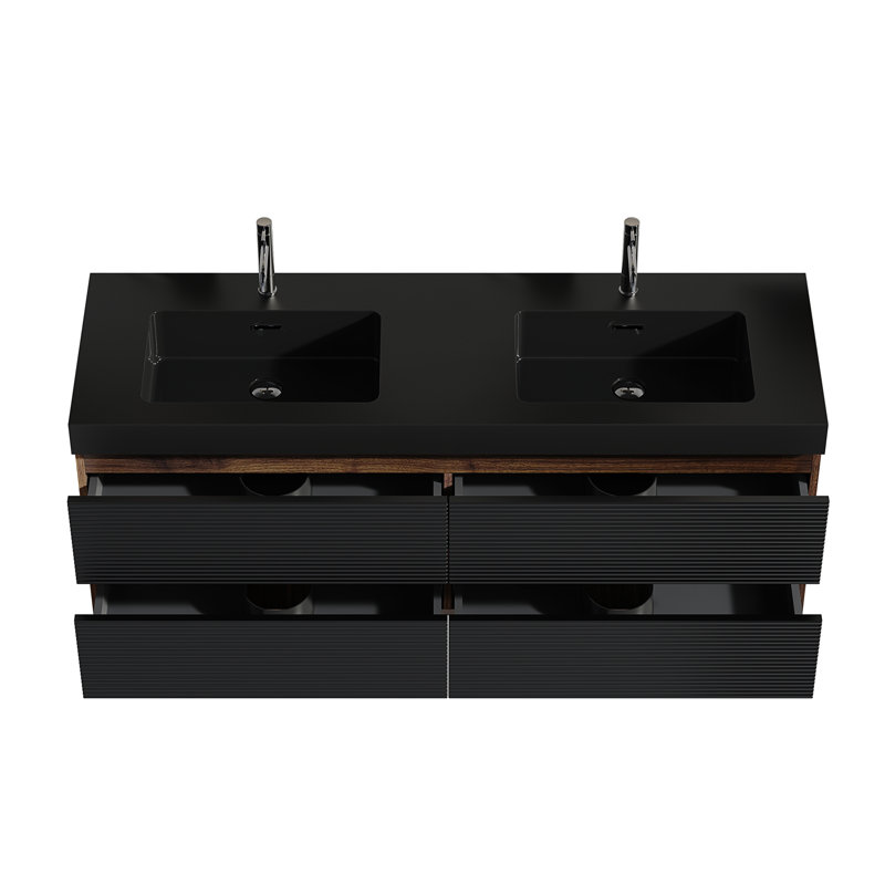 Meuble-lavabo de 60 po en noyer Grace avec lavabo en quartz noir mat et tiroirs noirs doux, Noir, Noir