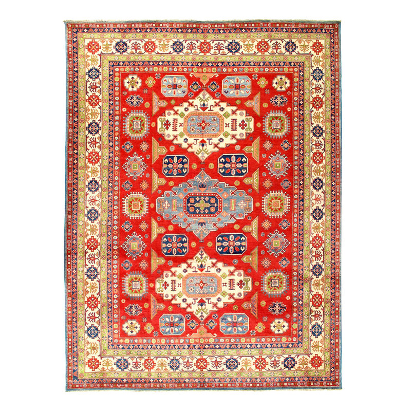 Kazak noué à la main rouge de couleur rouge 9 pi x 12 pi