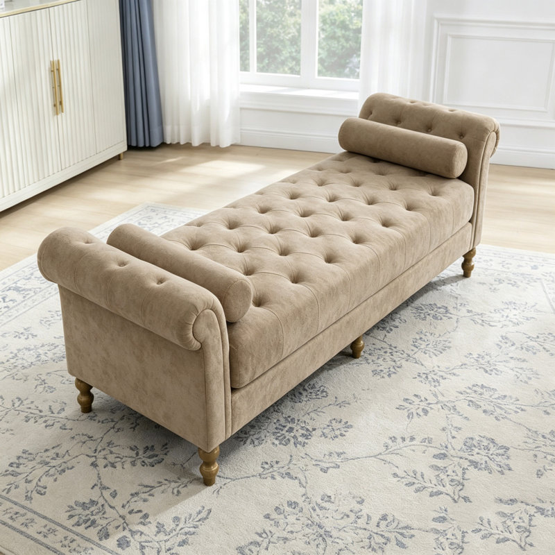 Banc rembourré avec accoudoirs et 2 traversins, Chenille taupe