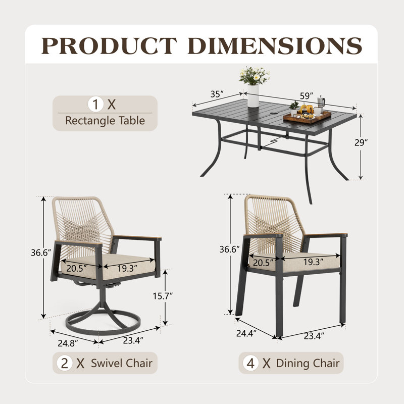 Ensemble repas d'extérieur rectangulaire pour 6 personnes avec chaises pivotantes et coussins Kerrie