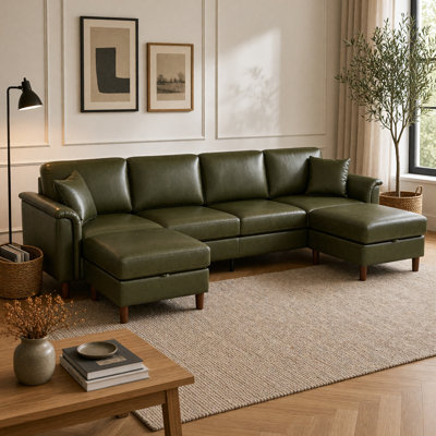 Canapé d'angle de 305 cm avec deux poufs de rangement amovibles, revêtement en similicuir respirant vert foncé, canapé en forme de U, canapé quatre places pour salon