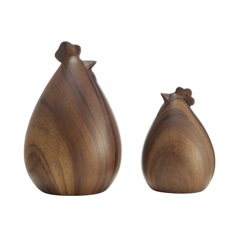 Elize Set Of 2 Modern Abstract Walnut Finish Tabletop Hen Chicken Sculpture Figures