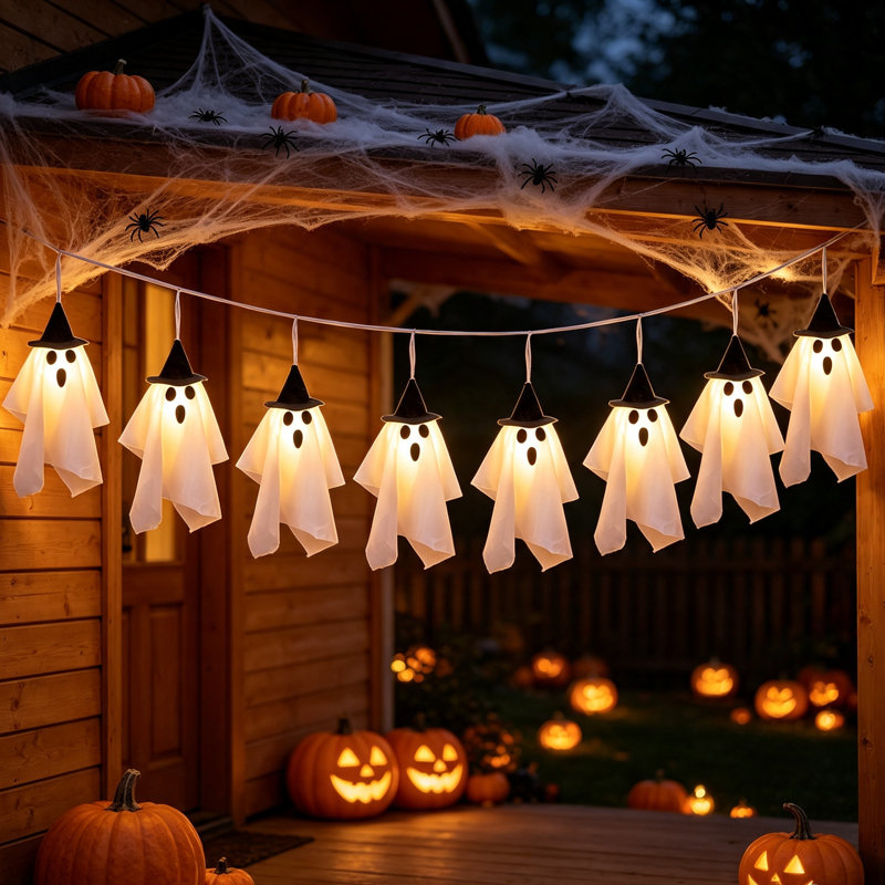 Guirlandes d'Halloween guirlandes de lumières avec chapeaux de sorcière, fantômes suspendus d'extérieur 9 pi pour patio, jardin, arbre, porche, décorations de fête d'Halloween
