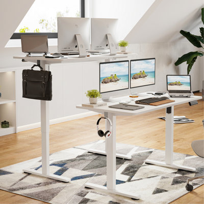 Standing Desk Adjustable Height For Home Office Ergonomic Use, 40x24 Inch, White Color, Rectangular Computer Table, T-shape Base, Metal & Wood Materia
