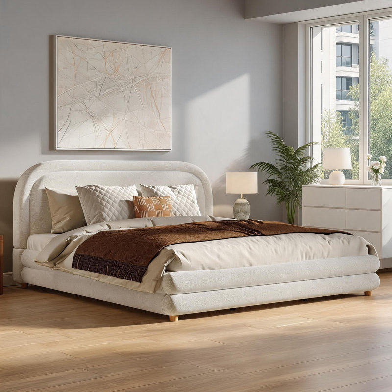 Structure de lit tapissier de luxe très grand Boucle avec tête de lit courbée épaisse en bois massif blanc doux