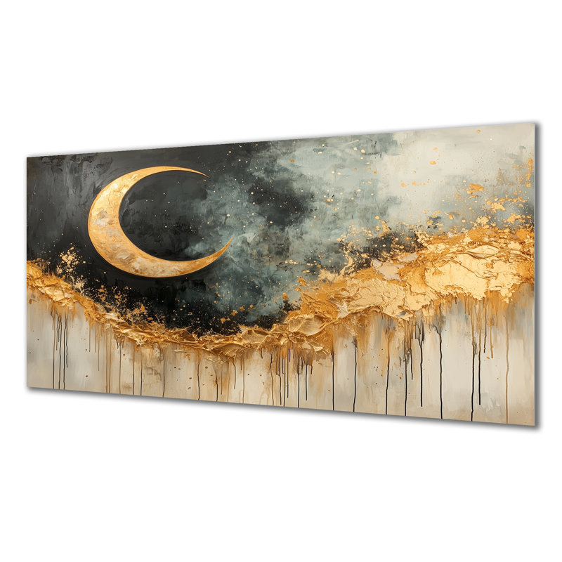 Golden Eclipse Moon Reverie - Art mural en métal lune pour le salon, H 28 po x l 60 po