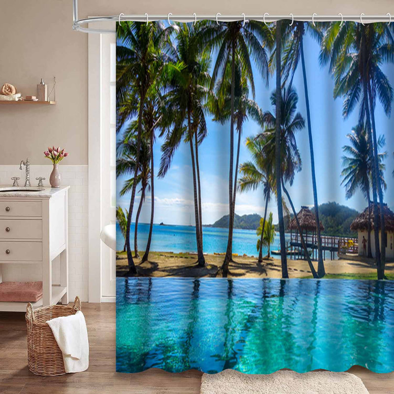 Tropical Island Beach Ocean Adventure Coast Shower Curtain with 12 Hooks, 72" L x 84" W