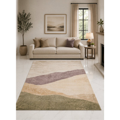 Tapis abstrait ultra-léger 5 pi x 7 pi ivoire et olive "Ultra Light" pour salon, chambre à coucher et bureau à domicile, tapis doux à poils courts avec envers antidérapant en silicone