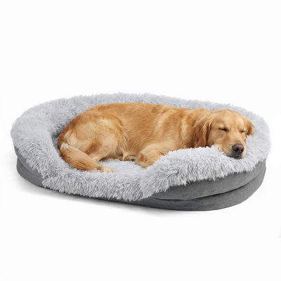 Calming Soft Oval Dog Bed with Raised Bolster - Neck Support Sofa Style - Washable Polyester Indoor Sleeping Pad for Medium & Large Dogs - Grey