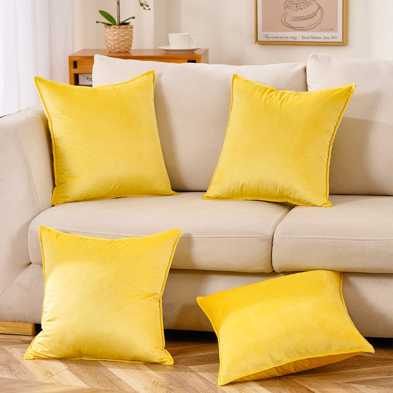 Set Of 4 Throw Velvet Cushion Covers, Yellow