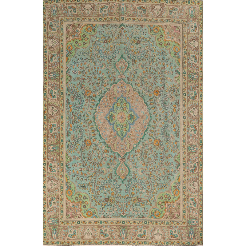 Tapis floral fait à la main bleu 7 x 9