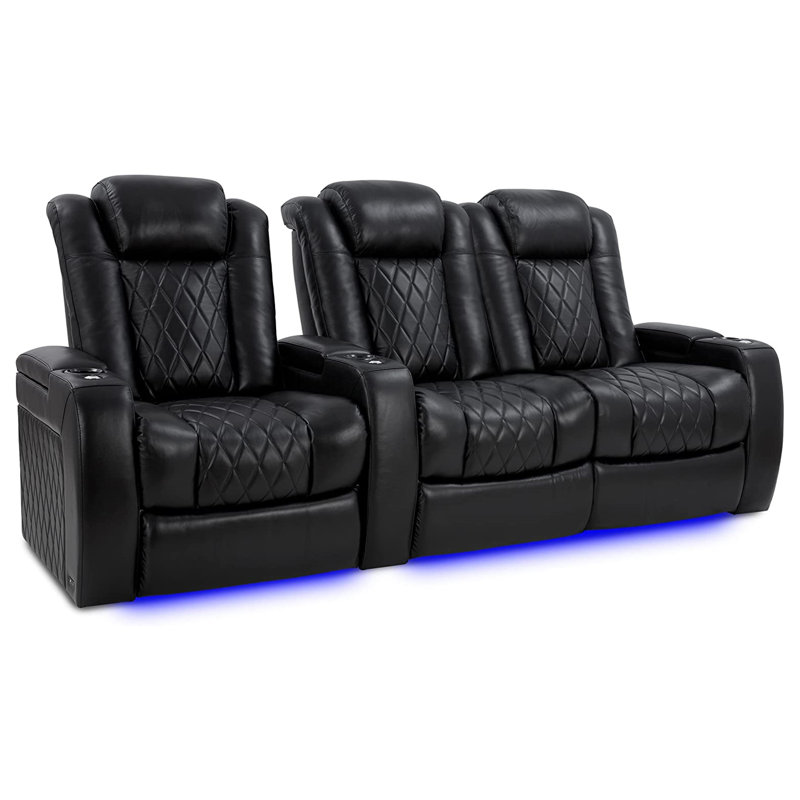 Cinéma maison inclinable électrique en cuir véritable de 97 po avec porte-gobelet Tuscany, Cuir véritable noir minuit