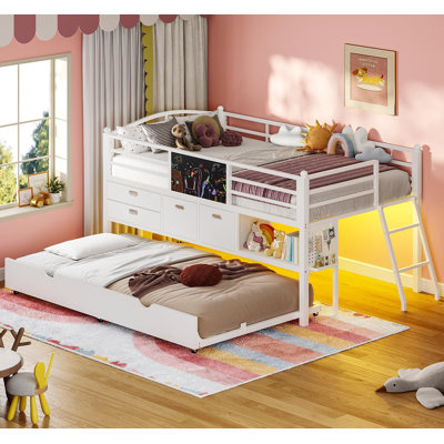 Low Loft Bed Twin Size With Trundle And Led Lights, Loft Bed With 4 Storage Drawers, Diy Pegboard, White