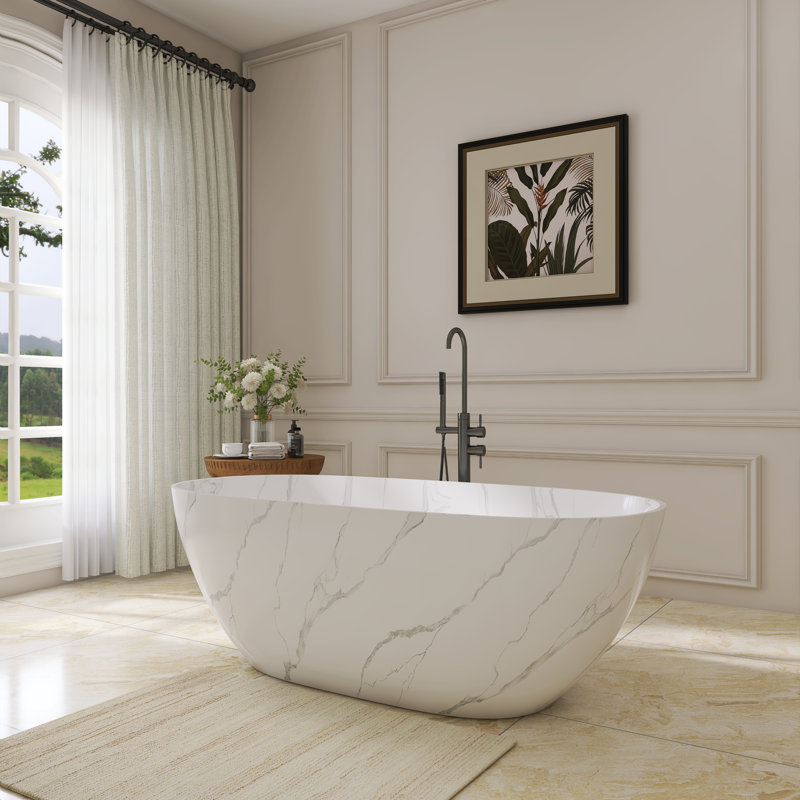 63" x 29" Freestanding Solid Surface Soaking Bathtub, White with Grey Marble Veining, Oval Freestanding Tub for Bathroom