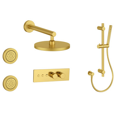 LineaBox Horizontal Round 3-Way Diverter Shower System with 8-Inch Rain Shower Head, Two Body Sprays and Hand Shower with Slide Bar, Valve Included
