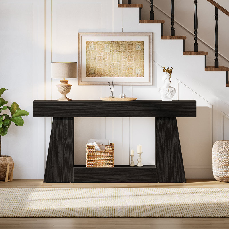 Console étroite en bois manufacturé avec tablettes, Noir
