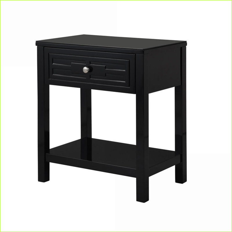 Dylan 23” Black Wooden Nightstand with Glass Top &amp; Drawer, Black
