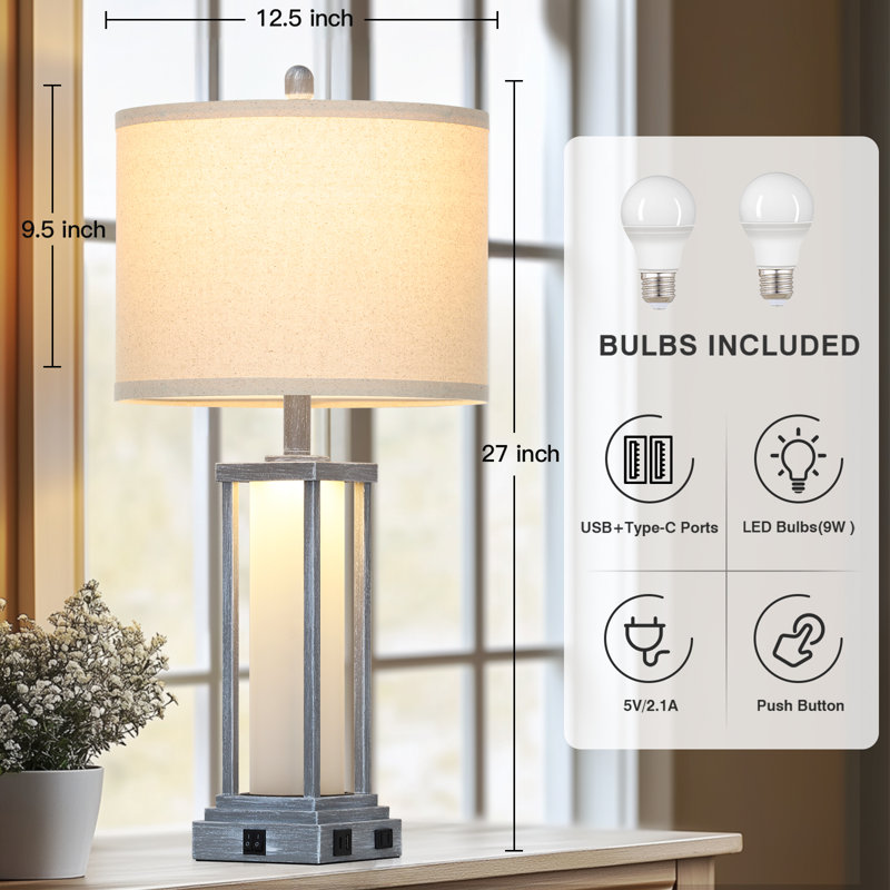 27” Tall Vintage USB Table Lamp Set with Nightlight, Bulb Included, Distressed Gray