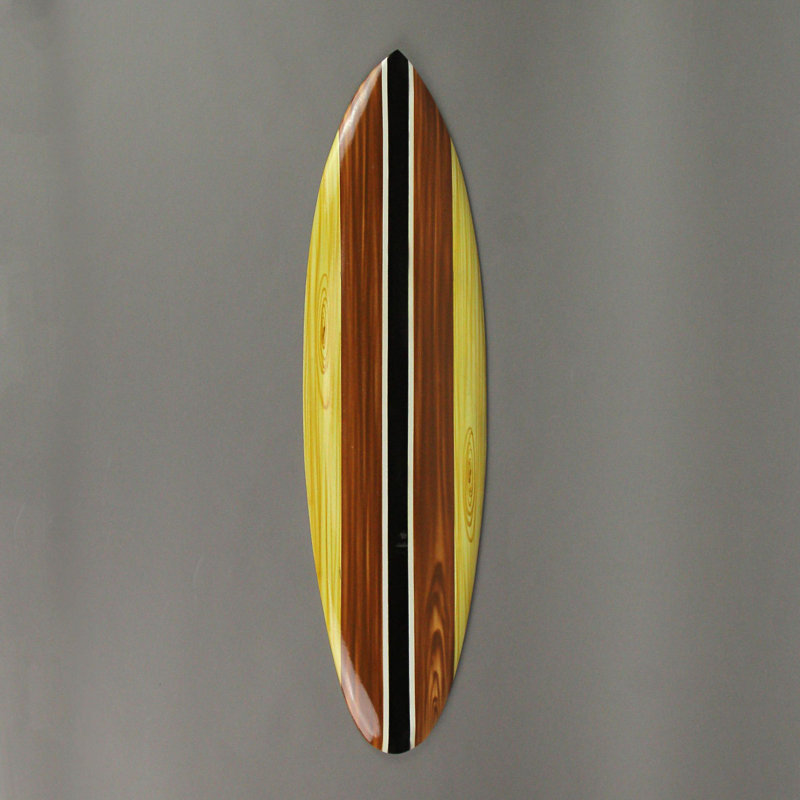 Coastal brown wood surfboard wall art and wall hanging with retro tiki-style stripes — 39.75" H x 9.5" L x 0.5" W