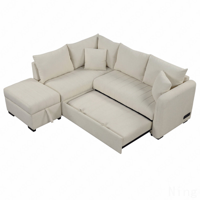 Canapé-lit modulaire en forme de L de 82,6 po avec deux ports USB, deux prises de courant et un repose-pieds de rangement mobile, beige