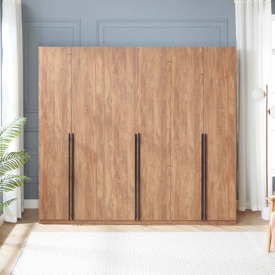 Lee Modern Freestanding Wardrobe Closet with Hanging Rods, Shoe Shelves and Basic Shelves in Golden Brown