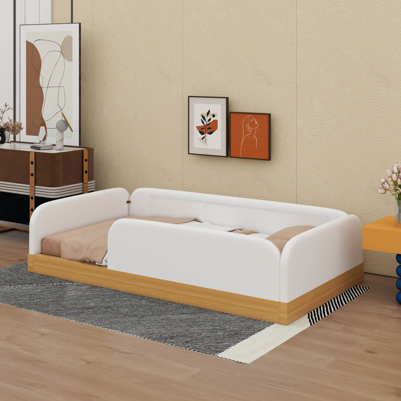 Lit simple de taille basse, lit plateforme tapissier de velours avec poches latérales et rails de sécurité pleine longueur