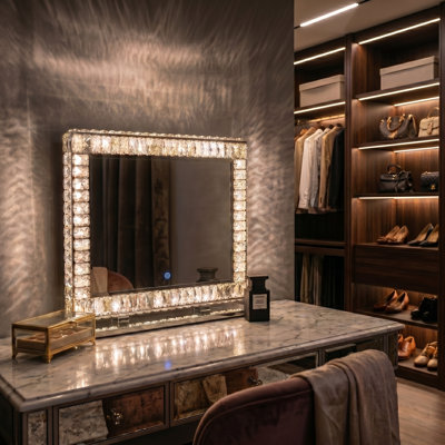 Crystal Vanity Mirror with Lights, 27.6"x19.7" Lighted Makeup Mirror with 3 Color Modes, Hand-Placed Glass Crystal Frame, CRI 90+ Dimmable Diamond Mirror, Tabletop or Wall Mounted for Bedroom